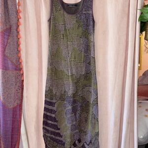 Peruvian Connection Olive and Lavender Patterned Midi Dress